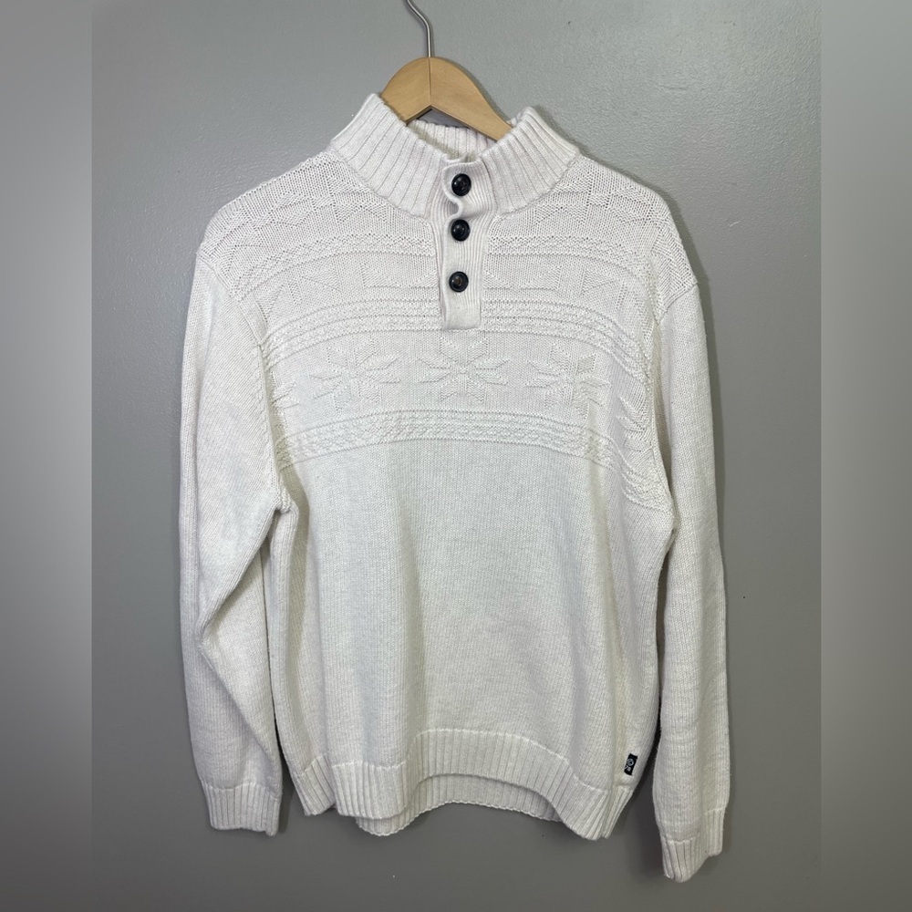 CHAPS size Large Cream Cotton 3-Button Mock Neck Pullover Sweater prep winter